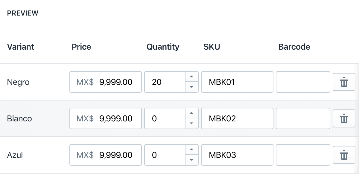 Agregar un producto variable a Shopify