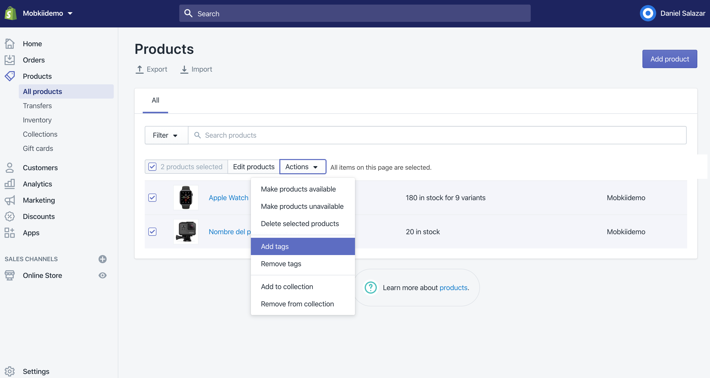 Agregar etiquetas a productos en Shopify