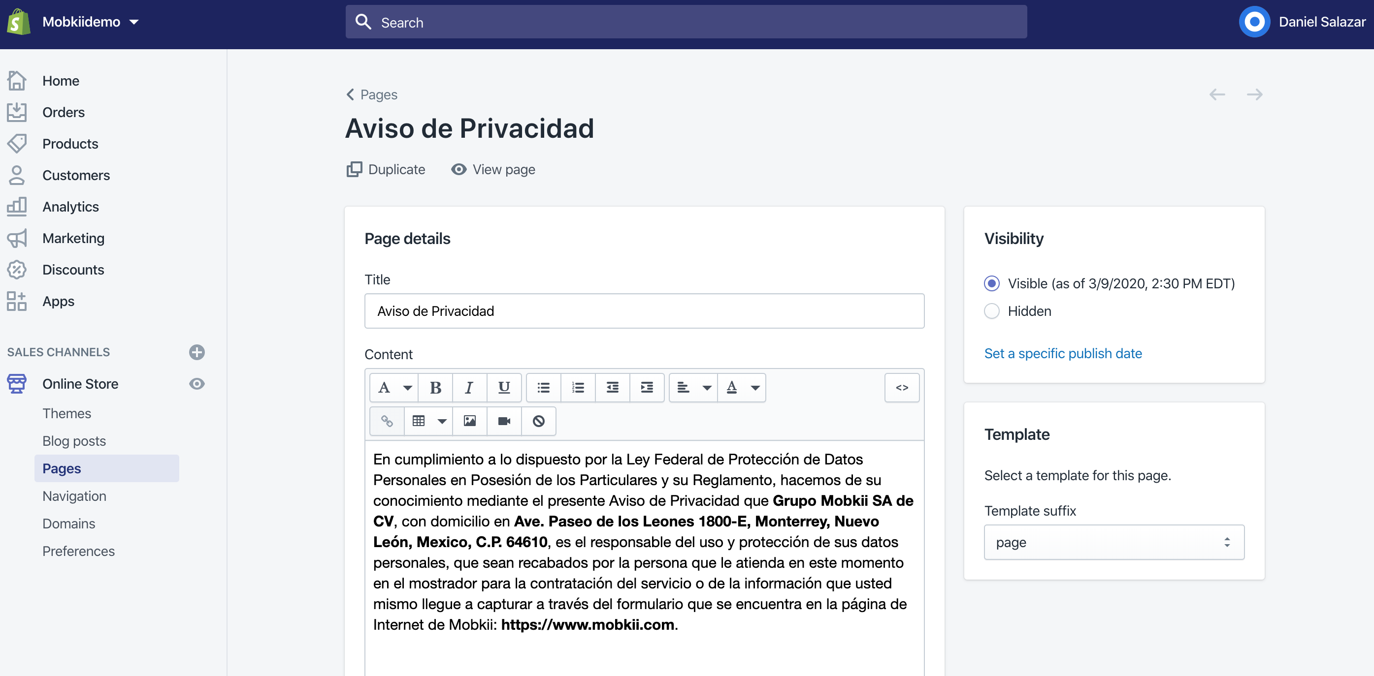 Agregar una página en Shopify
