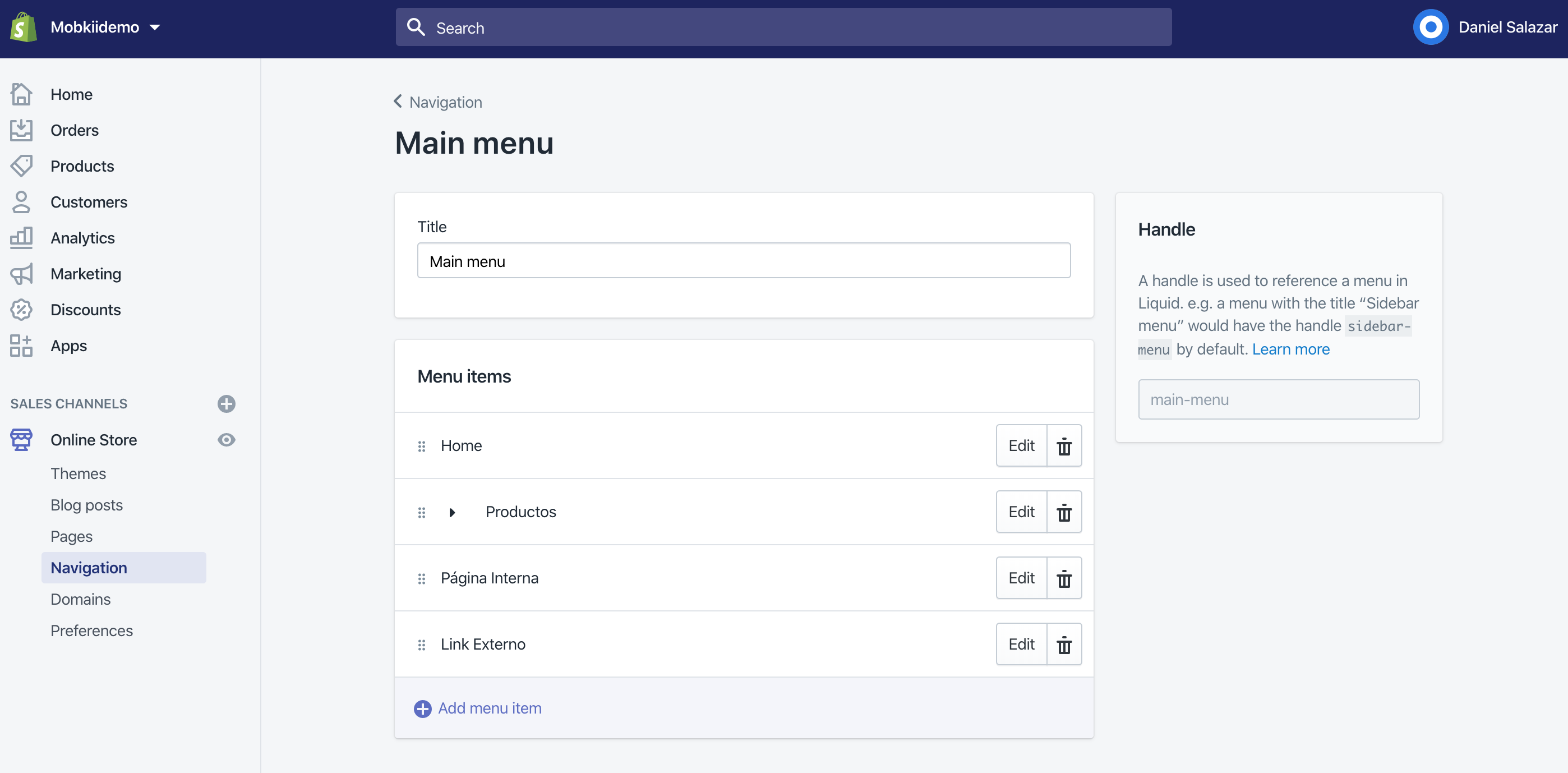 Editar navegación en Shopify